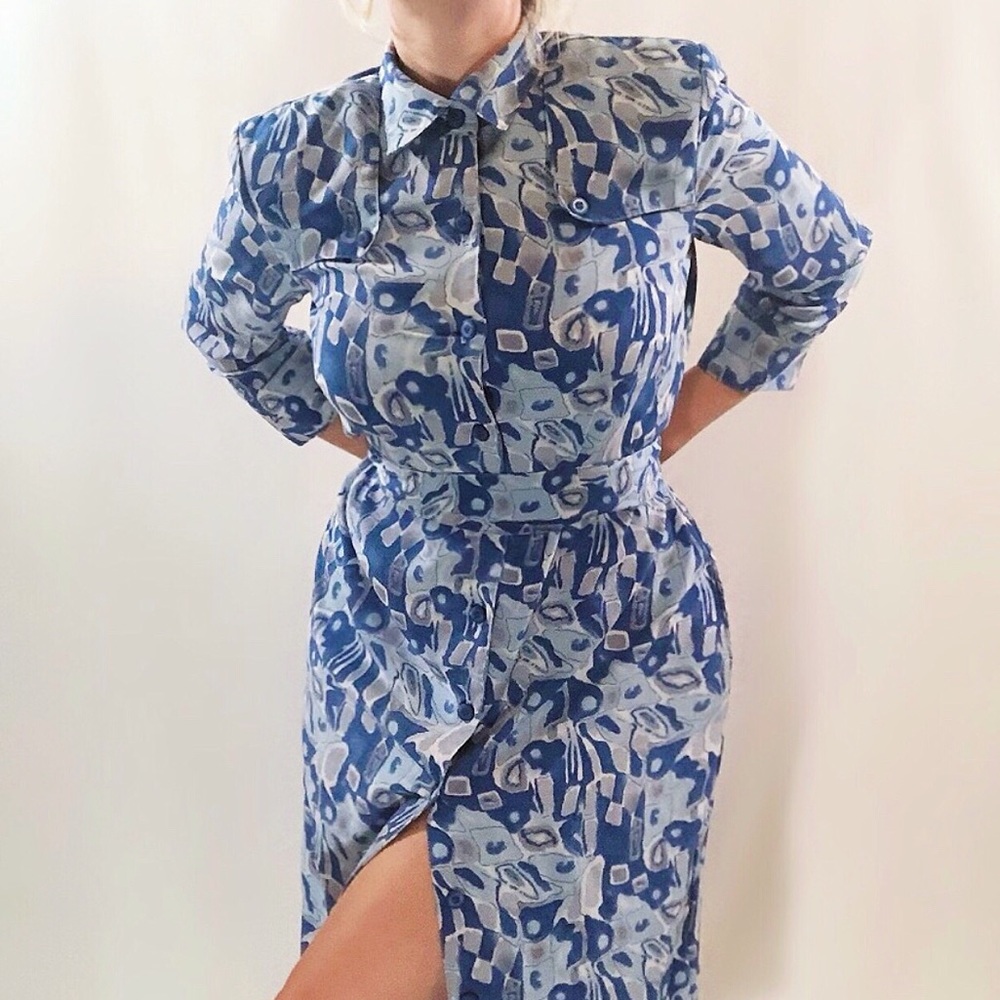 Vintage Florentine blue abstract button up dress